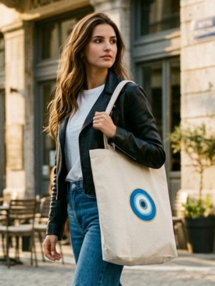 Tote τσάντα από καμβά με μάτι σε μπλε αποχρώσεις