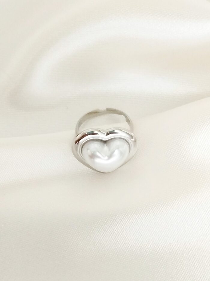 Cuore ατσάλινο δαχτυλίδι με πέρλα καρδιά silver