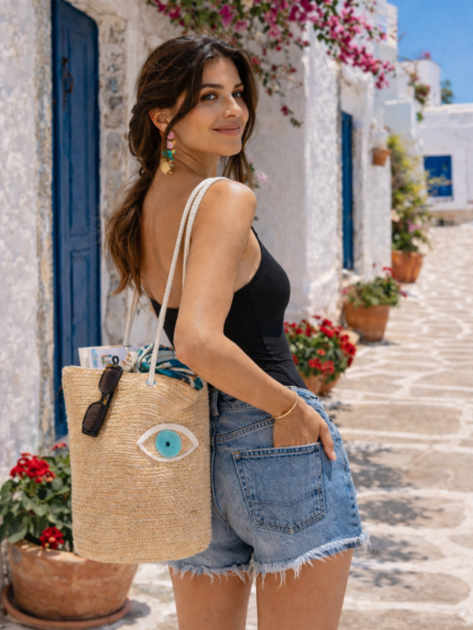 Πλεκτή tote τσάντα από γιούτα με μάτι σε λευκό και τιρκουάζ