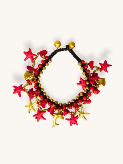 Βραχιόλι Boho με Κόκκινο Χαολίτη & Χρυσά Charms | Couronne