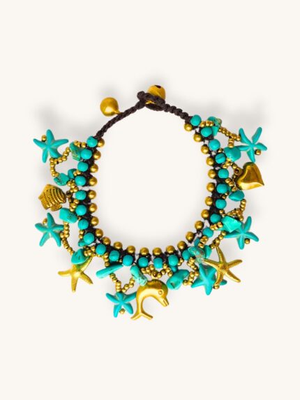 Βραχιόλι Boho με Τυρκουάζ Χαολίτη & Χρυσά Charms | Couronne