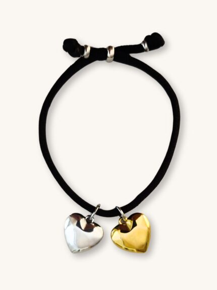 Βραχιόλι με Μαύρο Κορδόνι και Δίδυμες Καρδούλες σε Χρυσό και Ασημί | Couronne