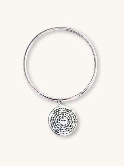 Βραχιόλι Bangle Ασημί με Φλουρί & Ισπανική Προσευχή σε Σπειροειδή Χάραξη | Couronne