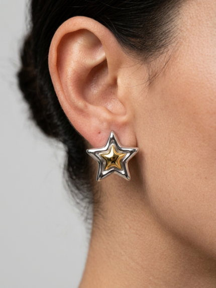 Σκουλαρίκια Αστέρα Δίχρωμα Χρυσό & Ασημί | Couronne