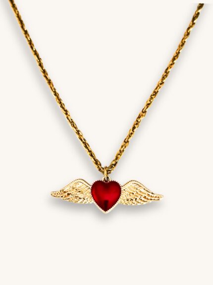 Κολιέ Χρυσή Αλυσίδα με Κόκκινη Καρδούλα & Φτερά Αγγέλου | Couronne