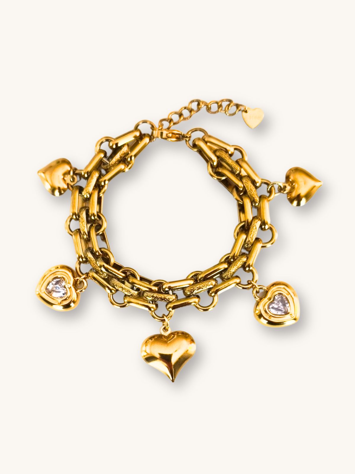 Βραχιόλι Δίσειρη Αλυσίδα σε Χρυσό με Καρδούλες & Κρυσταλλάκια | Couronne