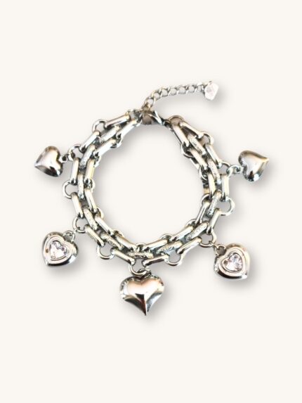 Βραχιόλι Δίσειρη Αλυσίδα Ασημί με Καρδούλες & Κρυσταλλάκια | Couronne