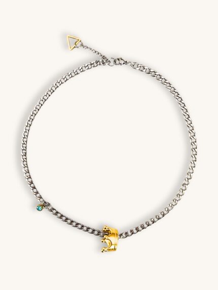 Κολιέ Αλυσίδα Ασημί με Χρυσή Κορώνα & Τυρκουάζ Κρυσταλλάκι | Couronne
