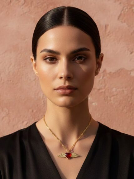 Κολιέ Χρυσή Αλυσίδα με Κόκκινη Καρδούλα & Φτερά Αγγέλου | Couronne