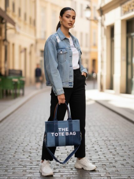 Τσάντα Μικρή Ώμου Δίχρωμο Denim “THE TOTE BAG” με Καφέ Δερμάτινες Λεπτομέρειες | Couronne