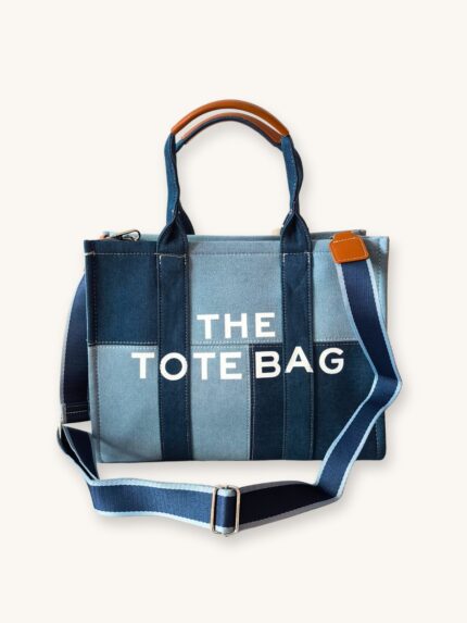 Τσάντα Μεγάλη Ώμου Δίχρωμο Denim “THE TOTE BAG” με Καφέ Δερμάτινες Λεπτομέρειες | Couronne