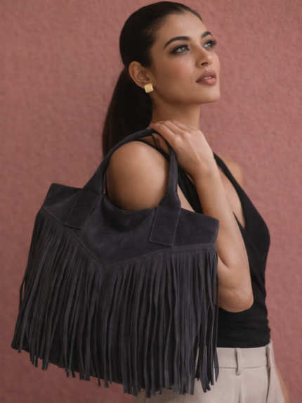 Γκρι Δερμάτινη Τσάντα Ώμου με Κρόσια | Couronne