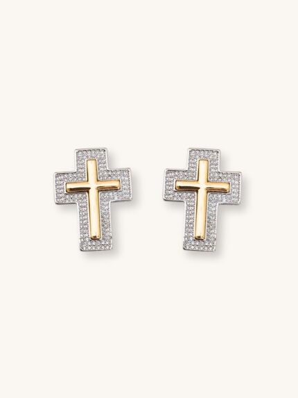 Σκουλαρίκια Ασημί με Χρυσό Σταυρό και Ζιρκονάκια | Couronne
