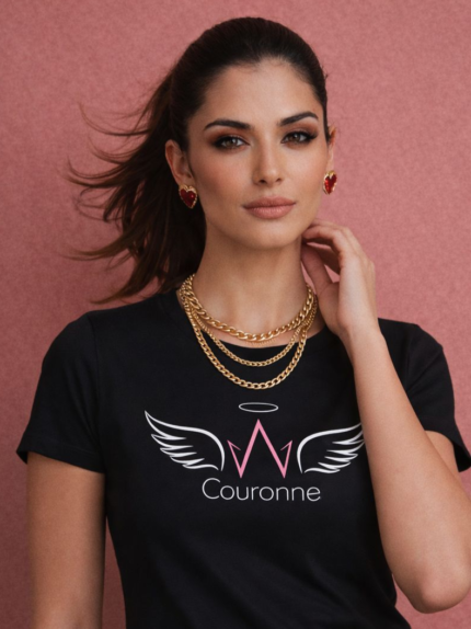 Μαύρο Βαμβακερό T-Shirt Couronne με Φτερά & Φωτοστέφανο