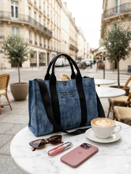 Τσάντα Ώμου Denim David Jones με Μαύρο Χερούλι και Λουρί | Couronne