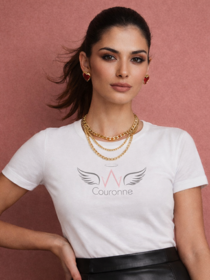 Λευκό Couronne Βαμβακερό T-Shirt με Φτερά & Φωτοστέφανο