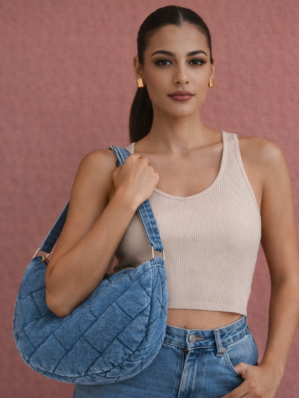 Τσάντα Ώμου Ανοιχτό Denim με Καπιτονέ Μοτίβο | Couronne