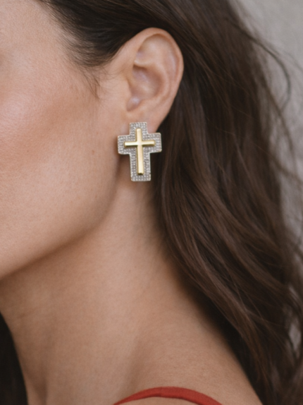 Σκουλαρίκια Ασημί με Χρυσό Σταυρό και Ζιρκονάκια | Couronne