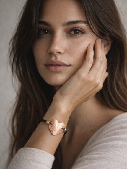 Βραχιόλι Χειροποίητο Μακραμέ με Σφυρήλατη Χάλκινη Καρδιά σε Ροζ Χρυσό | Couronne