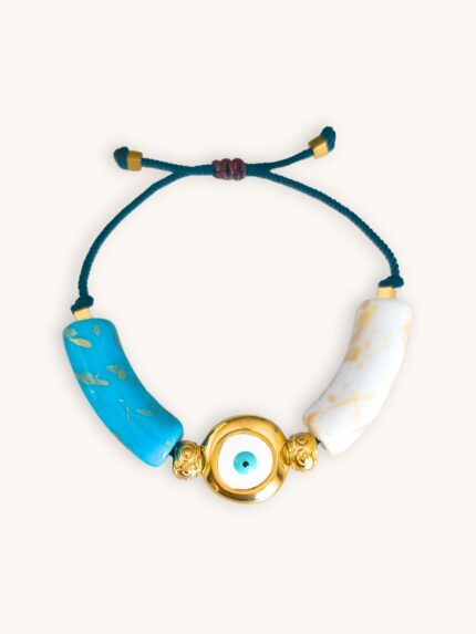 Βραχιόλι με ναυτικό κορδόνι, ματάκι και χάντρες σε τιρκουάζ και λευκό