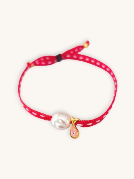 Βραχιόλι με κόκκινο-λευκό κορδόνι, περλίτσα και σομόν ψαράκι