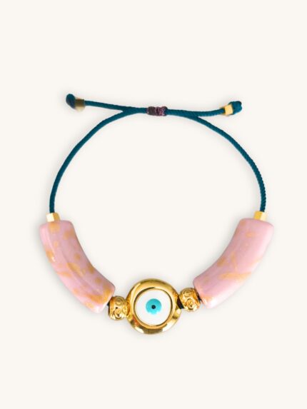 Βραχιόλι με ναυτικό κορδόνι, ματάκι και ροζ χάντρες