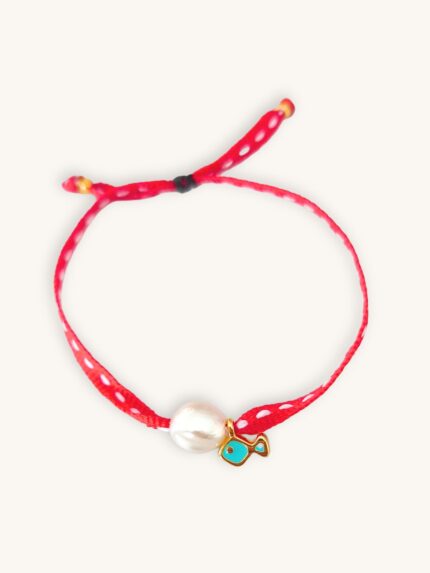 Βραχιόλι με κόκκινο-λευκό κορδόνι, περλίτσα και τιρκουάζ ψαράκι