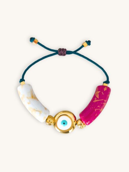 Βραχιόλι με ναυτικό κορδόνι, ματάκι και χάντρες σε λευκό και φούξια