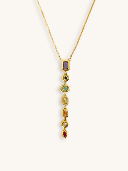 Χρυσό κολιέ γραβάτα με πολύχρωμα κρυσταλλάκια σε κάθετη διάταξη