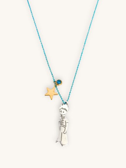 Κολιέ με γαλάζια αλυσίδα, ασημί φιγούρα μικρού αγοριού και χρυσό αστέρι