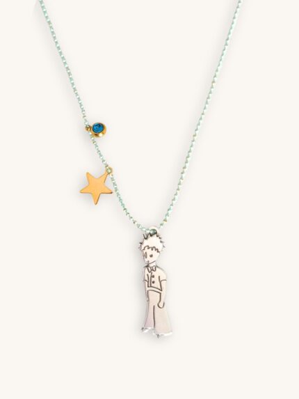 Κολιέ με τιρκουάζ αλυσίδα, ασημί φιγούρα μικρού αγοριού και χρυσό αστέρι