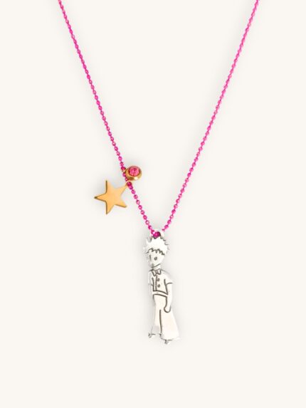 Κολιέ με φούξια αλυσίδα, ασημί φιγούρα μικρού αγοριού και χρυσό αστέρι
