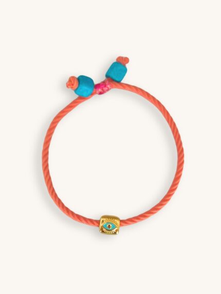 Βραχιόλι με κοραλί κορδόνι, χρυσό ματάκι και πολύχρωμες χάντρες