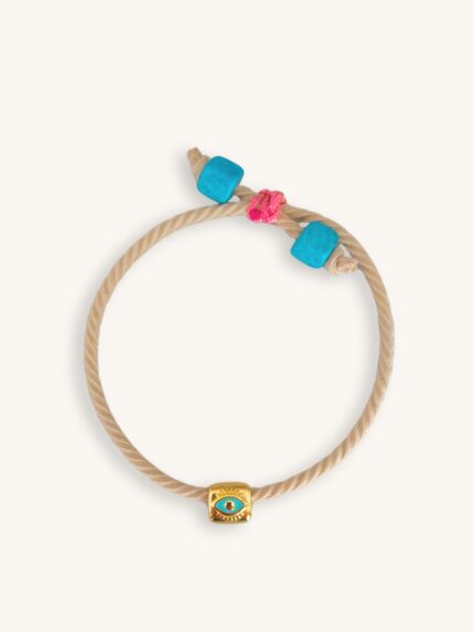 Βραχιόλι με μπεζ κορδόνι, χρυσό ματάκι και πολύχρωμες χάντρες