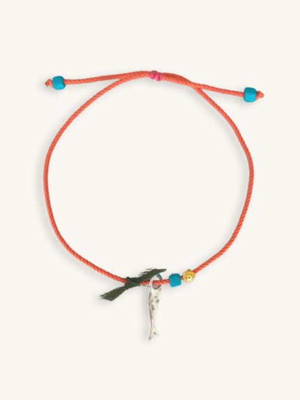 Κολιέ με κοραλί κορδόνι, ασημί ψαράκι, χρυσό αχινό και τιρκουάζ χάντρες
