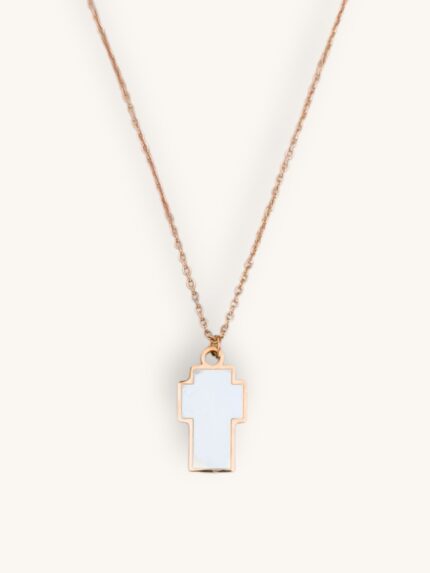 Κολιέ με λευκό σταυρό και ροζ χρυσή αλυσίδα
