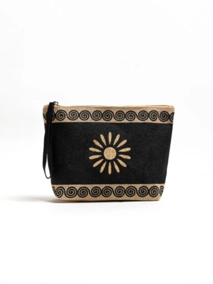 Τσάντα χειρός clutch από μαύρη γιούτα με χρυσό μοτίβο ήλιου και χερούλι